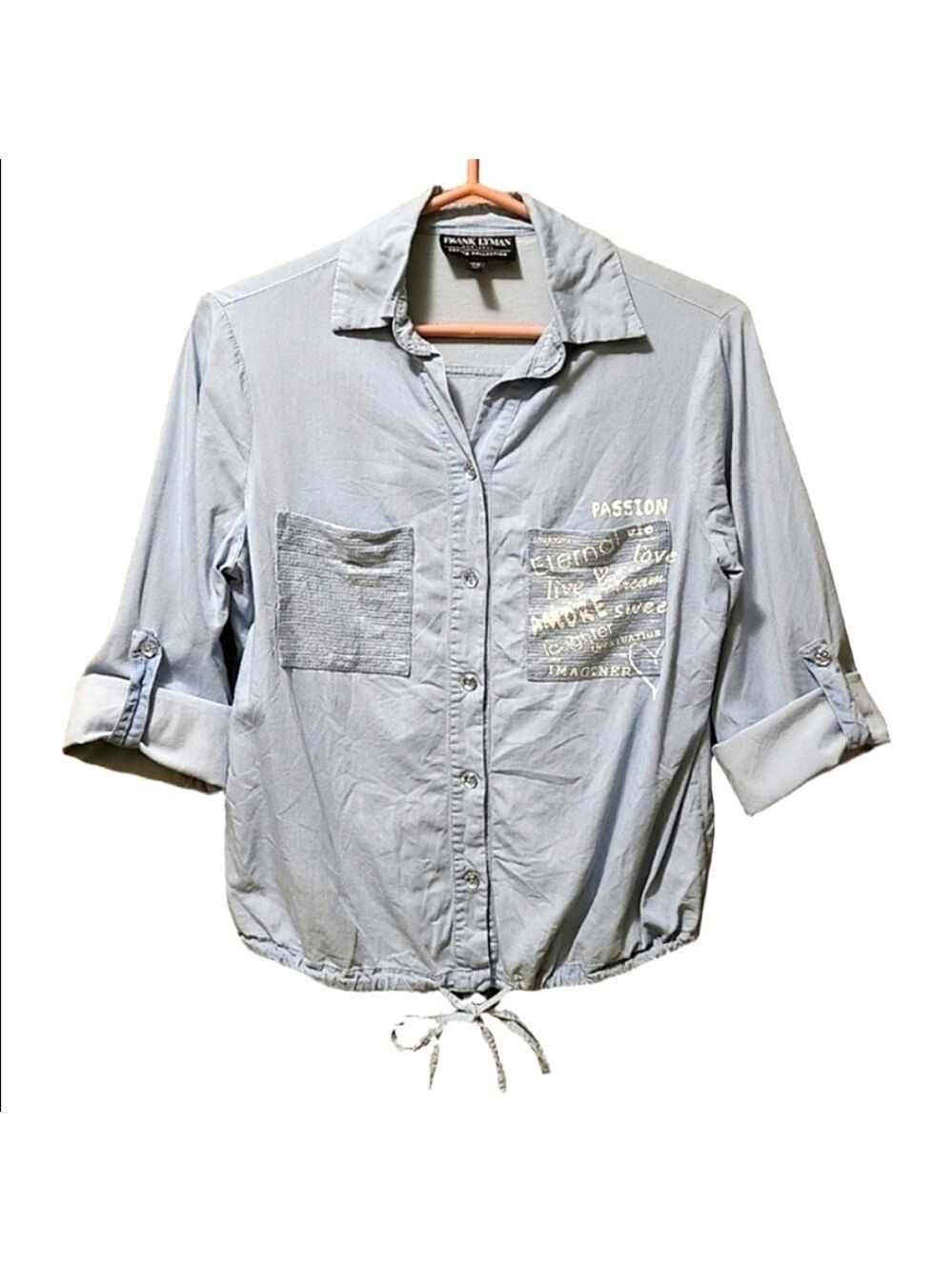 Frank Lyman Sequin Amore Denim Chambray Button Down Shirt Light Wash Size Small